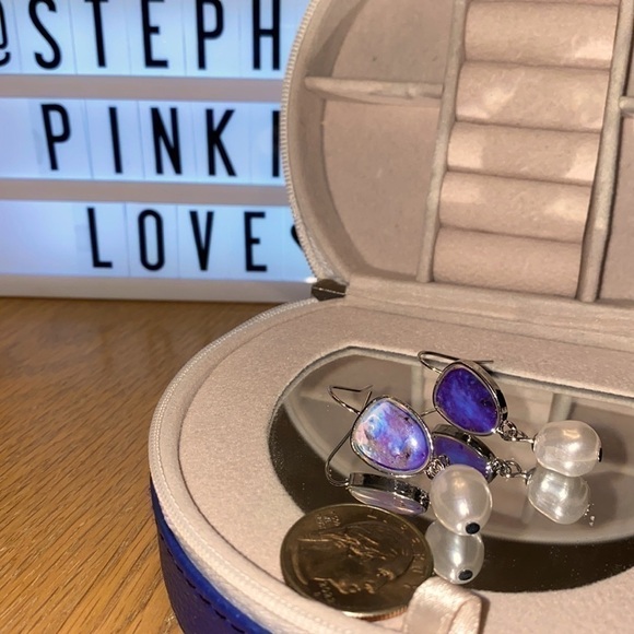 trendy Blue earrings with Pearl dangles. - Picture 2 of 3